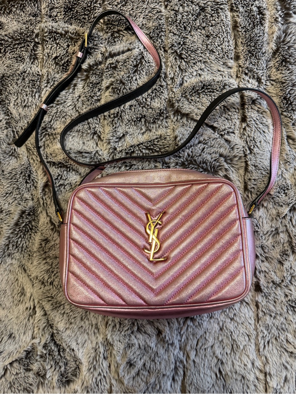Saint Laurent Metallic Pink Chevron Camera Bag with Gold YSL